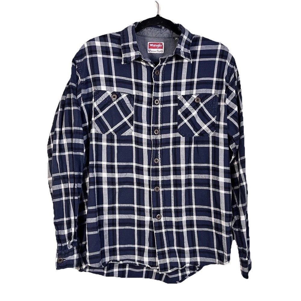 Wrangler Flannel Shirt Mens L Blue Plaid Long Sleeve Western Ranch Workwear